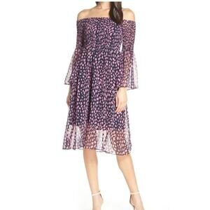 Sam Edelman Midi Dress Smocked Off The Shoulder Sz 4 Lined Bell Sleeves Feminine
